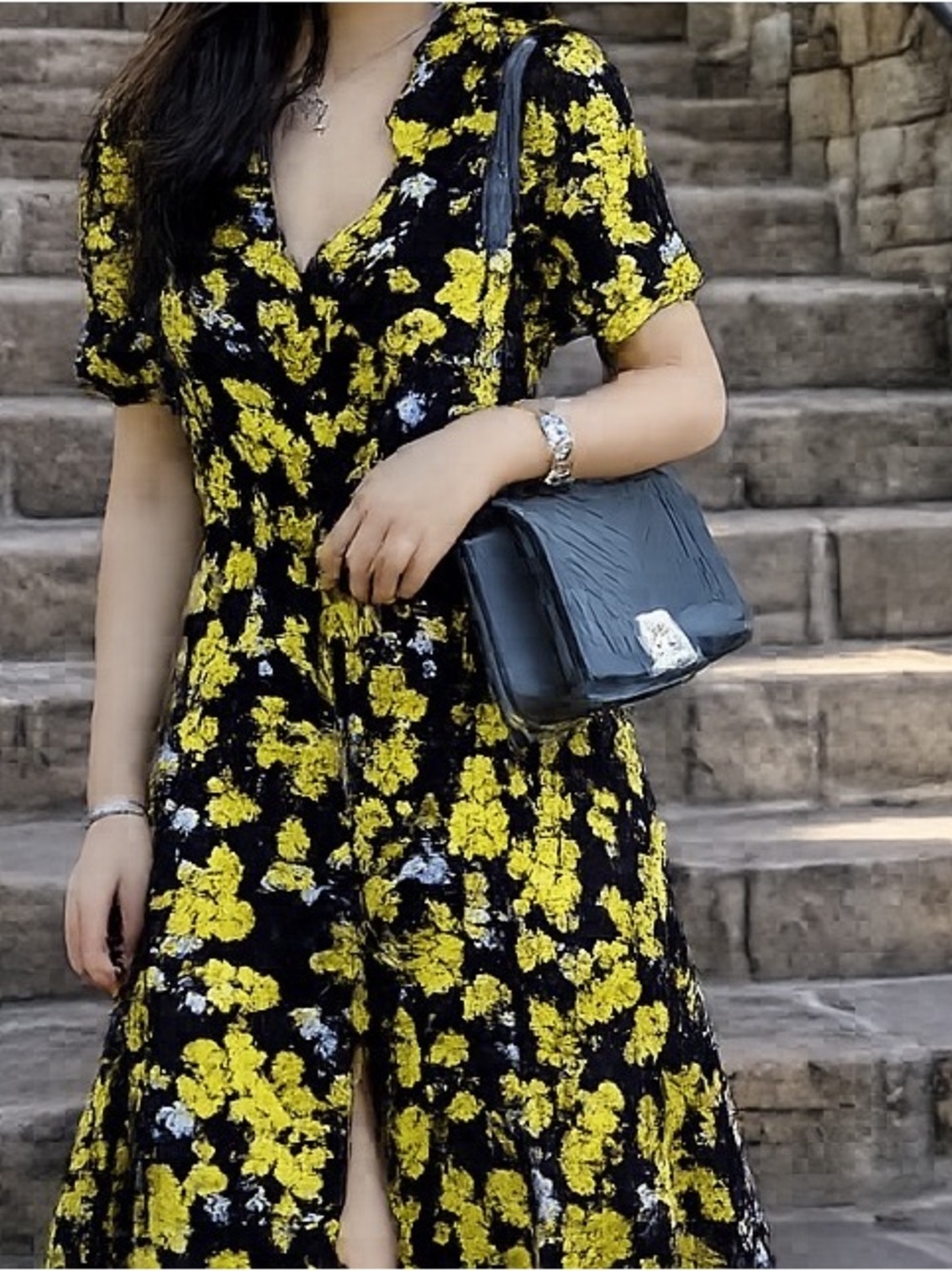 Michael Kors Black Dress with Yellow Floral Print Size S